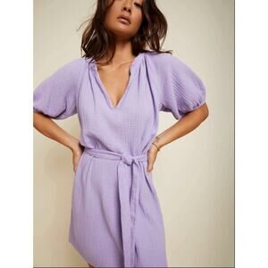 Women Nation LTD Finley Belted Easy Dress XS Lavender Puff Sleeve V Neck